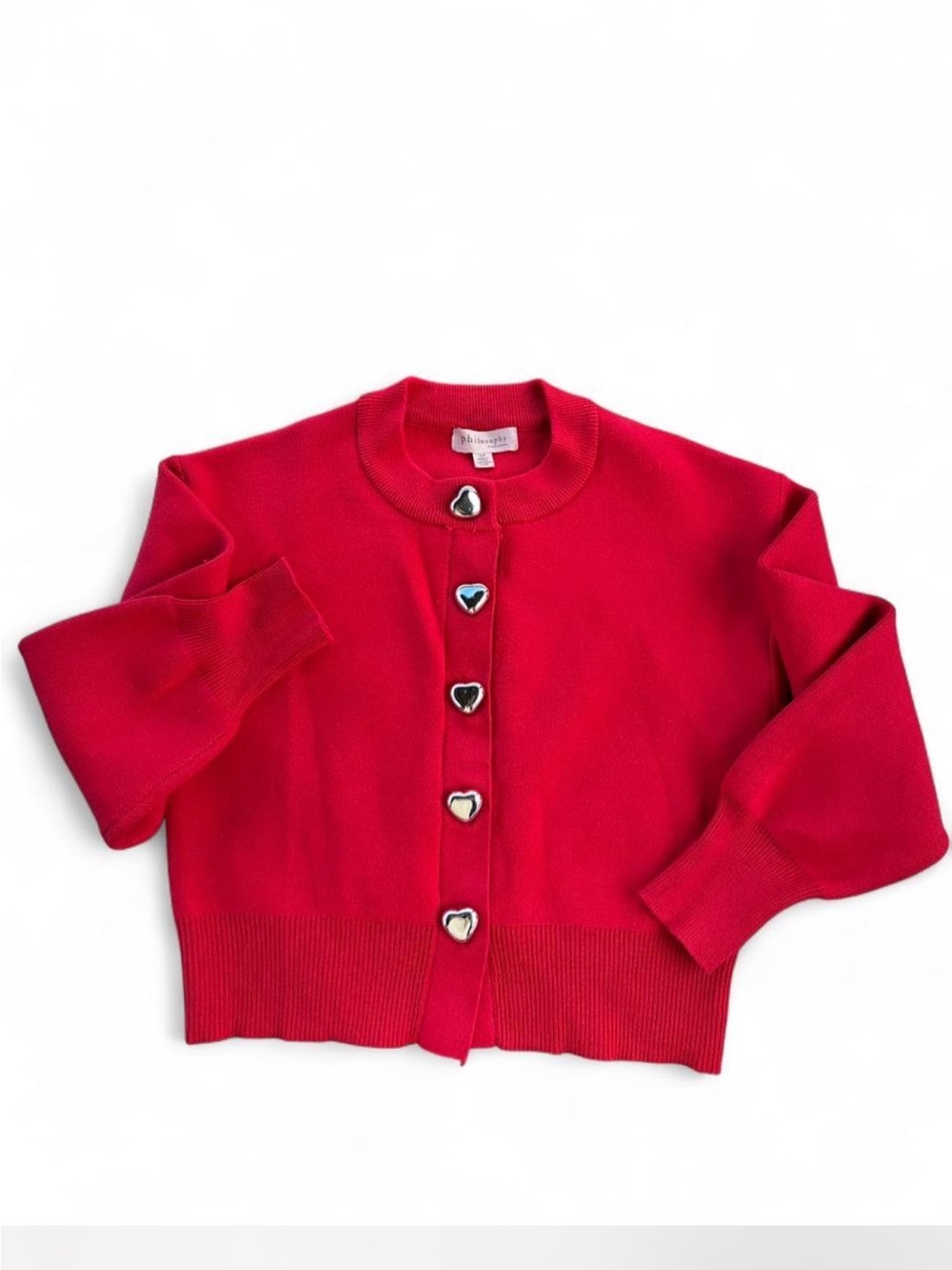 Philosophy red cropped cardigan with heart buttons. Size S